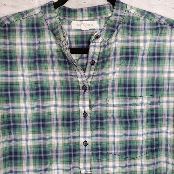 Treasure & Bond 1/2 Button Long Sleeve Plaid Shirt Green Womens Small Cotton - Picture 8 of 10